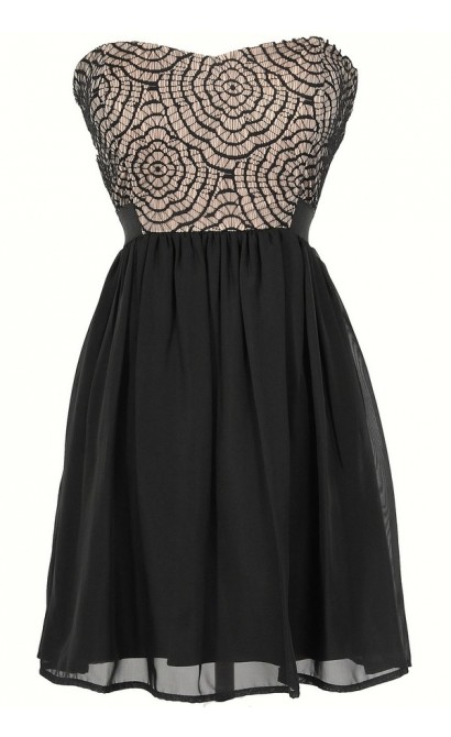 Strapless Web Lace Chiffon Dress in Black/Nude